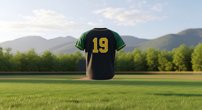 Baseball Jersey Number 19 Floating on Field with Mountains Background