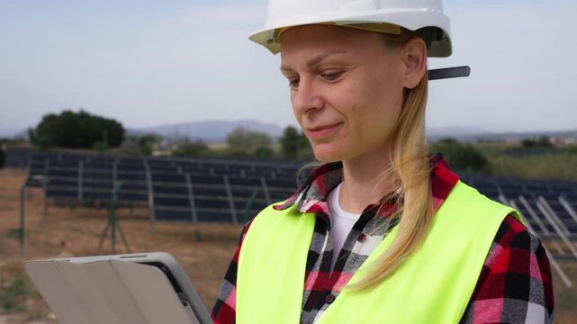 Solar technician using digital tablet to monitor photovoltaic panels. Smart technology, energy analytics and modern renewable system management.