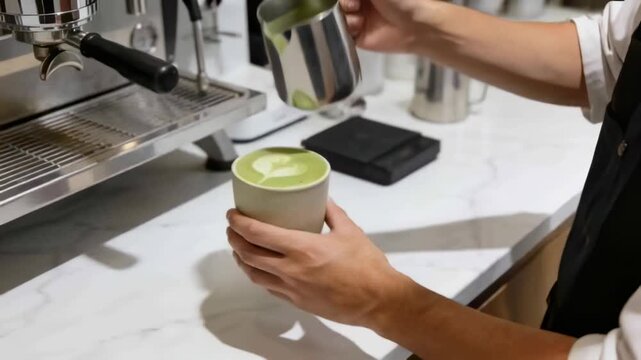 Pouring after steaming, barista dark apron shaping green latte-art at cafe using pitcher
