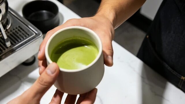Server offering white cup with green foam at cafe bar, customer holding, server pulling, dark apron