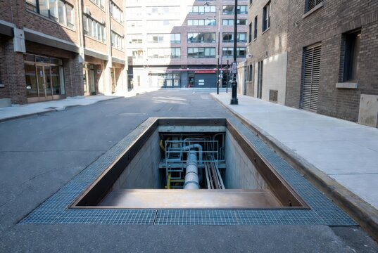 Urban alleyway reveals underground infrastructure with pipes and metal grating