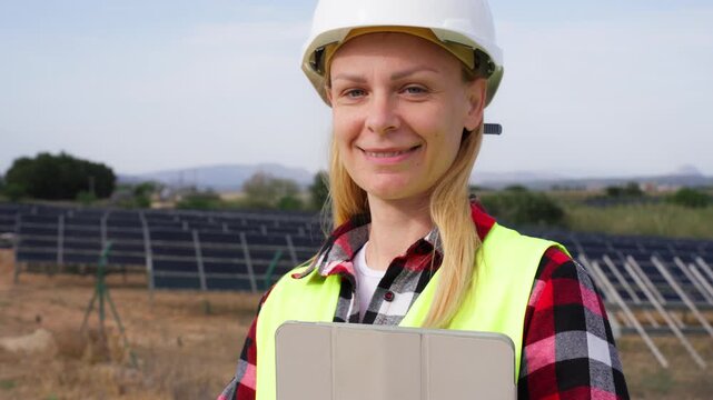 Positive female electrical engineer in safety helmet hold tablet and smiling at  camera at solar farm. Green energy production and sustainable industry employment concept