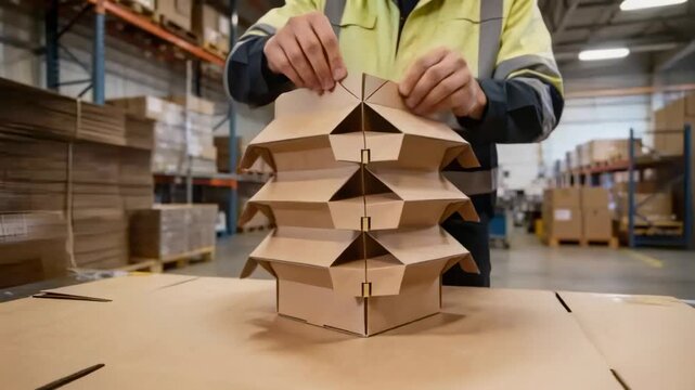 Placing top flap, packer in hivis jacket folding and pressing divider finishing top at warehouse