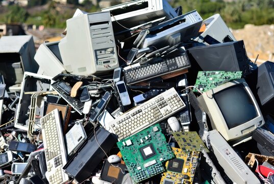 Pile of discarded electronic waste, including old computer towers, monitors, keyboards, and phones
