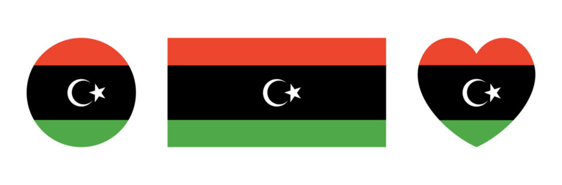 National round, rectangular, heart flag of Libya icon, sticker. Rectangle, circle, heart flag Libya badge, banner, background, button set.