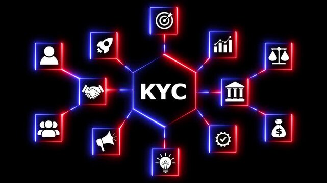 Kyc know your customer neon hexagon concept animation. Kyc know your customer business neon hexagon concept animation with glowing lines and icons motion graphic.