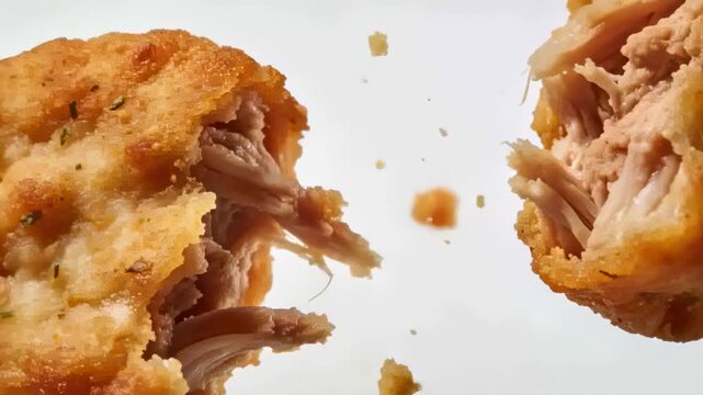 Offscreen tugging breaded chicken halves stretching melted cheese showing shredded meat in studio