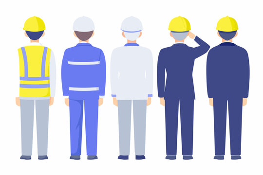 team of five construction workers viewed from behind