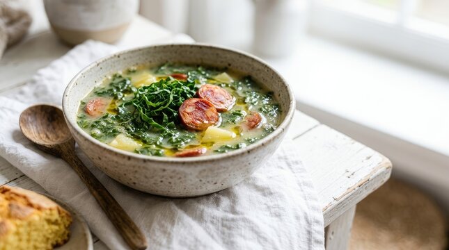 Traditional Portuguese Caldo Verde Soup with Kale and Chourizo Slices in Clay Bowl