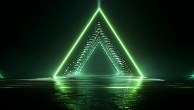 Geometric neon light tunnel featuring green glowing triangles in dark futuristic space with water surface reflections creating symmetrical composition for modern technology themed backgrounds