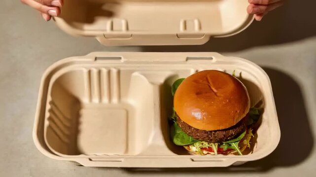 Entering hands lifting beige clamshell lid on countertop, revealing burger and empty left tray