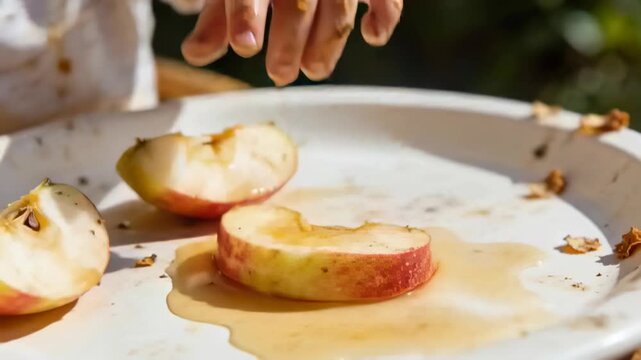 Reaching infant hand with white sleeve lifting apple slice on tray outdoors, pulling syrup, tasting