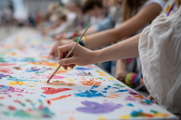 Naklejka premium Hands paint vibrant colors on a large shared canvas. Fingers move confidently, blending hues with gentle strokes. Joyful creativity flows as colors explode across the surface