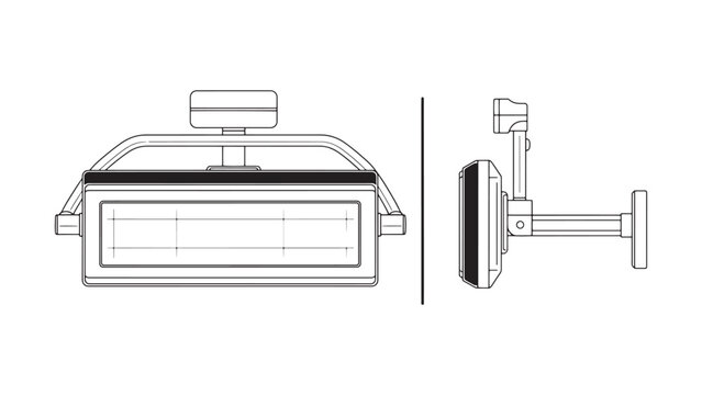 Detailed technical drawing of a rectangular industrial work light fixture with adjustable mounting bracket, presented in front and side elevation views.