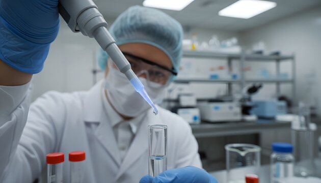 A scientist performs a precise experiment in a sterile laboratory using a pipette and test tube