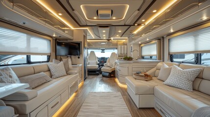 Fototapeta premium Nature's retreat! An RV with panoramic windows at a calming lakeside spot, offering the perfect escape. Enjoy modern amenities in the serene environment, where adventure and relaxation meet.