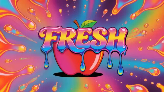Animating stylized apple and FRESH logo morphing into center red apple, revealing logo in studio