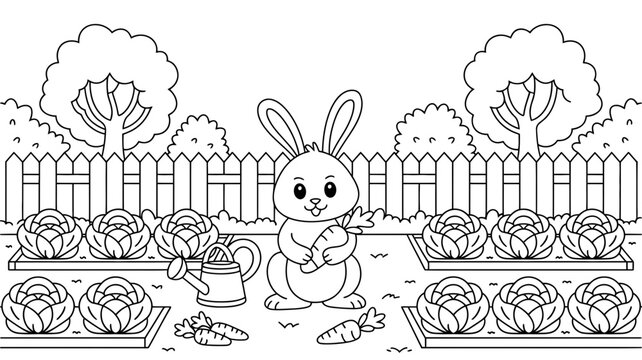 Cute bunny holding carrot in garden with cabbage and watering can line art watering vegetable illustration