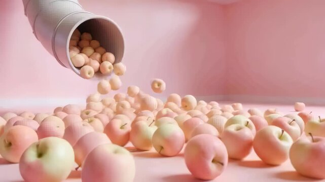 Opening segmented white chute releasing pale pink apples onto pink set floor, forming dense carpet