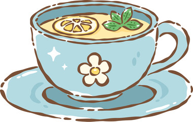 Lemon hot tea in blue cup with saucer and mint leaf © littlebabestudio