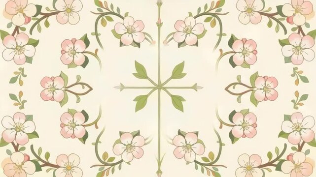 Looping floral motif folding inward forming diamond on cream wall with vines, blooms making design