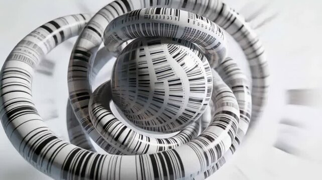 Animation starting sphere rotating and opening at studio backdrop with barcode rings, streaks