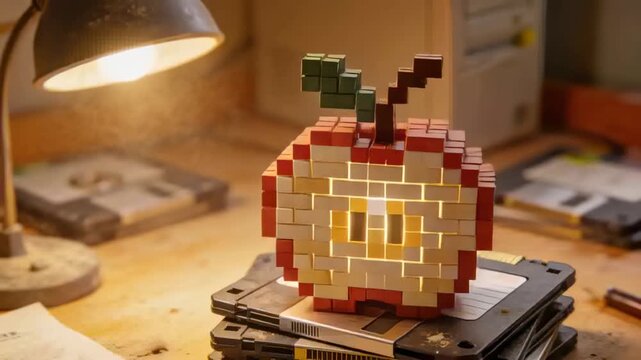 Rotating pixel-art apple sculpture revealing glowing eyes on floppy disks on workbench, with lamp