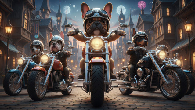 Bulldog Gang Rides Big Bikes in Fantasy City at Night