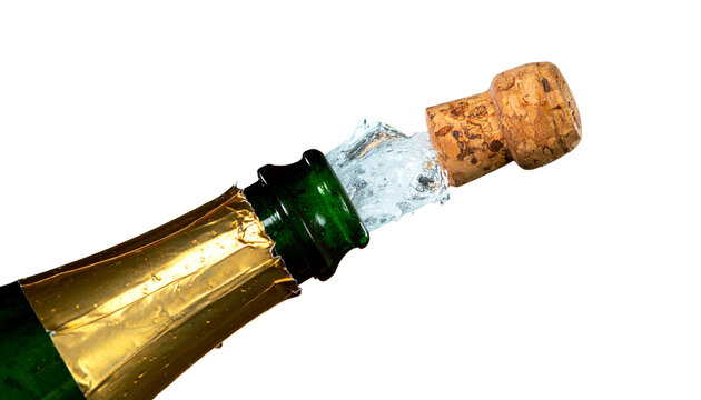 An elegant champagne bottle with its cork open against a white background.