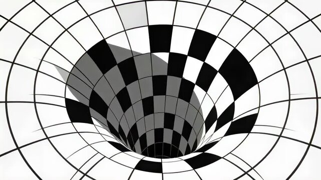 Rotating b and w-tiled funnel turning inward on play in abstract art, gray shadow moving into dark v