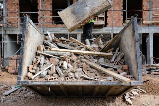Construction debris in skip bin with worker dumping wood and bricks at building site