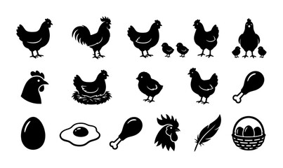 Chicken and poultry farm icons set, black silhouette rooster and hen vector illustrations, farm animal collection with eggs and chicks © Rakib