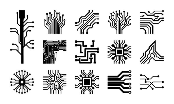 Circuit board pattern icons, 15 black technology motherboard elements, electronic microchip schematic vector set for hardware engineering