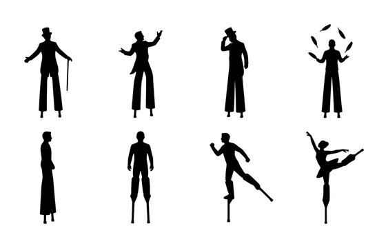Circus stilt walker silhouettes set, 8 performer vector icons, carnival entertainers on stilts, juggling and dancing circus artists