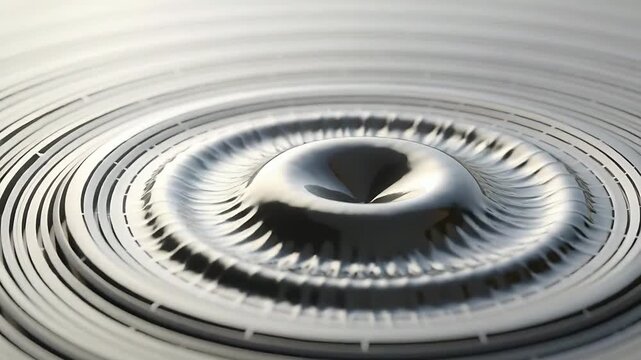 Thin nozzle releasing metallic droplet into grooved tray, forming crown splash, revealing rings