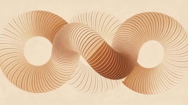 Starting animation, linked ribbon loops rotating, stripes advancing on beige paper, revealing bulge