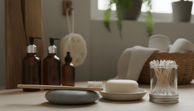 A minimalist bathroom scene featuring natural toiletries like a bamboo toothbrush soap and cotton swabs arranged on a wooden surface with amber