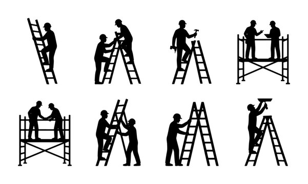 Construction worker silhouettes on ladders and scaffolding, set of 8 industrial builder icons, professional contractor repairman vector illustrations