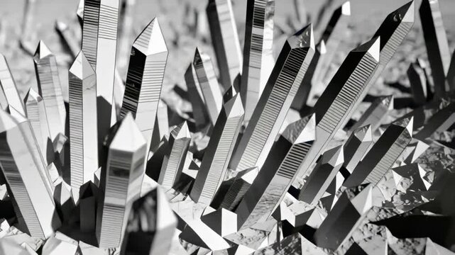 Panning camera revealing macro tall prisms to show faceted tips, base crystals, sand, light stripes