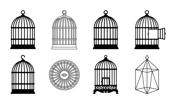 Collection of Bird Cages, Vintage and Modern Designs, SVG Icons for Freedom and Confinement Concepts, Black and White Graphics