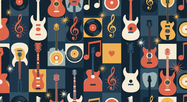 A mid-century seamless pattern of vector music symbols and guitars