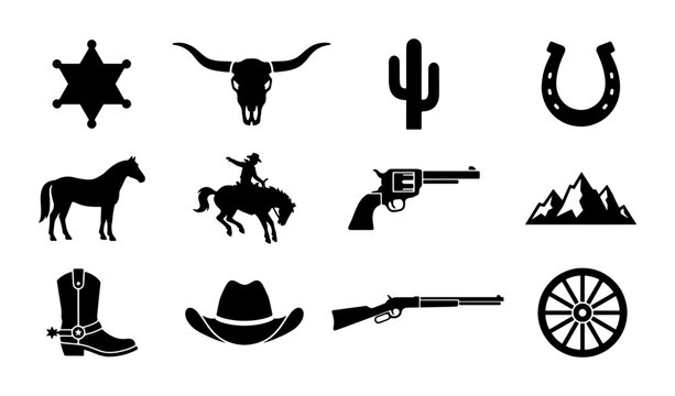 Wild West icons set, black cowboy silhouette vector collection, western desert elements including sheriff star, longhorn skull, and revolver gun