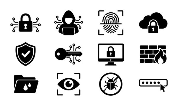 Cyber security icons set, 12 black vector symbols for data protection, network safety and digital privacy, biometric authentication and hacker defense