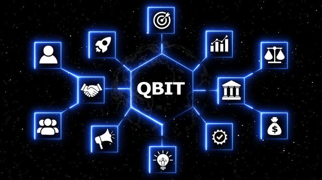 Qbit cryptocurrency technology and digital finance. Motion graphics featuring QBIT logo with glowing neon business icons and digital network connections in starry space.