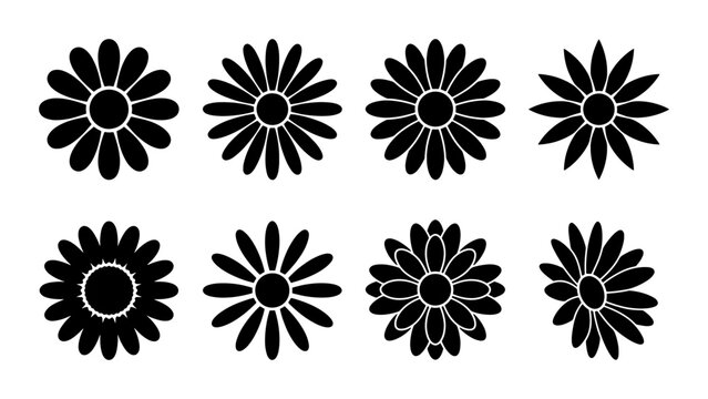 Minimalist daisy flower silhouettes, set of 8 black floral icons, simple botanical vector elements for logo design and spring patterns