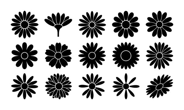Minimalist black flower silhouettes, set of 15 floral icons and daisy symbols, flat vector botanical elements for logo design and spring patterns