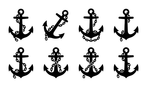 Nautical anchor silhouette collection, set of 8 black marine anchor icons with chains, vintage maritime ship equipment vector graphics for logos