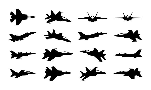 Military fighter jet silhouettes, set of 16 modern combat aircraft vector icons, black airplane shapes for air force and aviation design