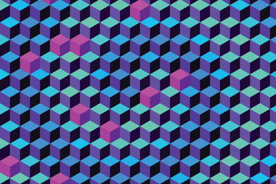 Seamless isometric cube pattern with vibrant blue, purple, and teal color scheme cubes geometric