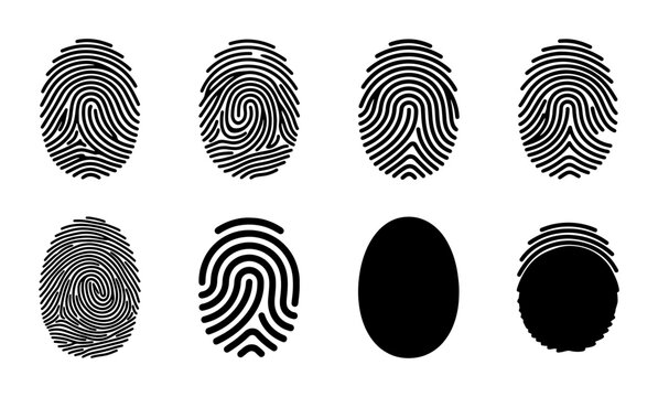 Black fingerprint icons set, biometric identification symbols, 8 unique thumbprint vector elements for security and forensic investigation